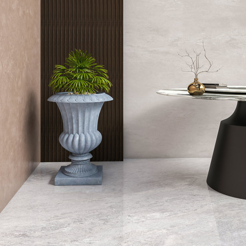 Aadityaram Urn-Shaped Fiberstone Planter – MgO Clay Plant Pot with Drainage Holes for Indoor/Outdoor Use, Aged Concrete