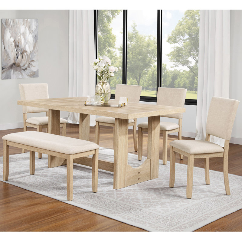 6 Piece Dining Table Set with Bench, Wooden Rectangular Kitchen Table Set with Bench and 4 Upholstered Chairs, U-shaped base