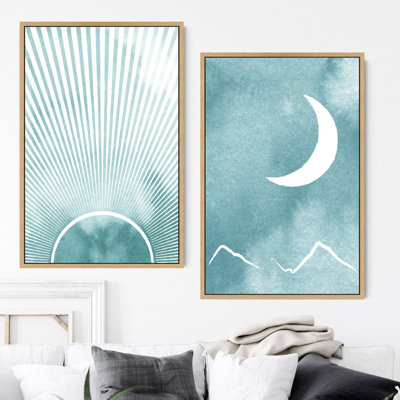 Aquarelle, rayons du soleil brillants et croissant de lune, art abstrait sur toile, 2 pièces