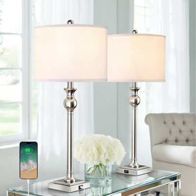 Augrave 28" Modern Polished Nickel Metal Table Lamp with USB Port and Empire Shade