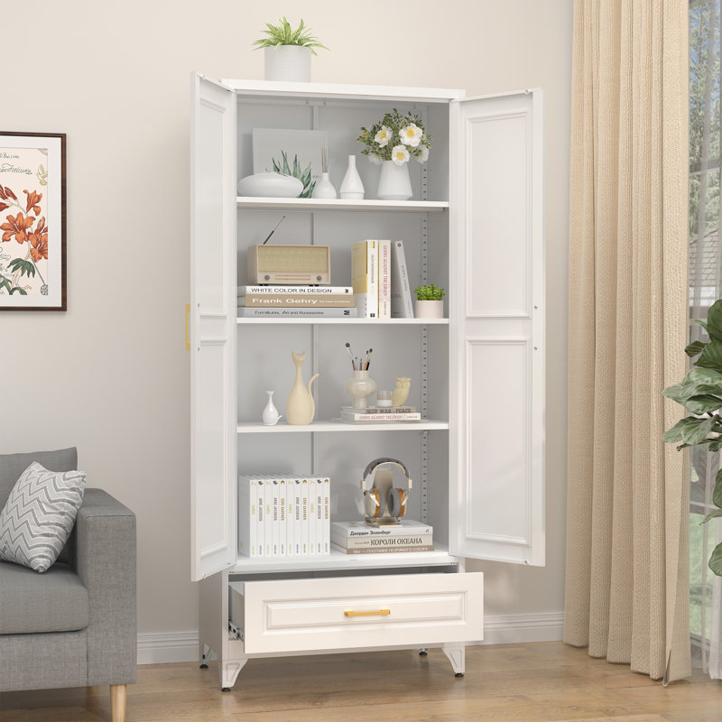 White Kitchen Pantry Cabinet with Drawer, 75" Tall Pantry Cabinets for Kitchen Storage, Metal Storage Cabinets with Doors and Shelves, Freestanding Cupboards for Dining Room