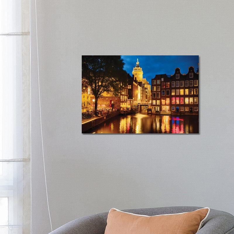 Night In Amsredam With Illuminated Buildings, Netherlands by George Oze - Wrapped Canvas Painting