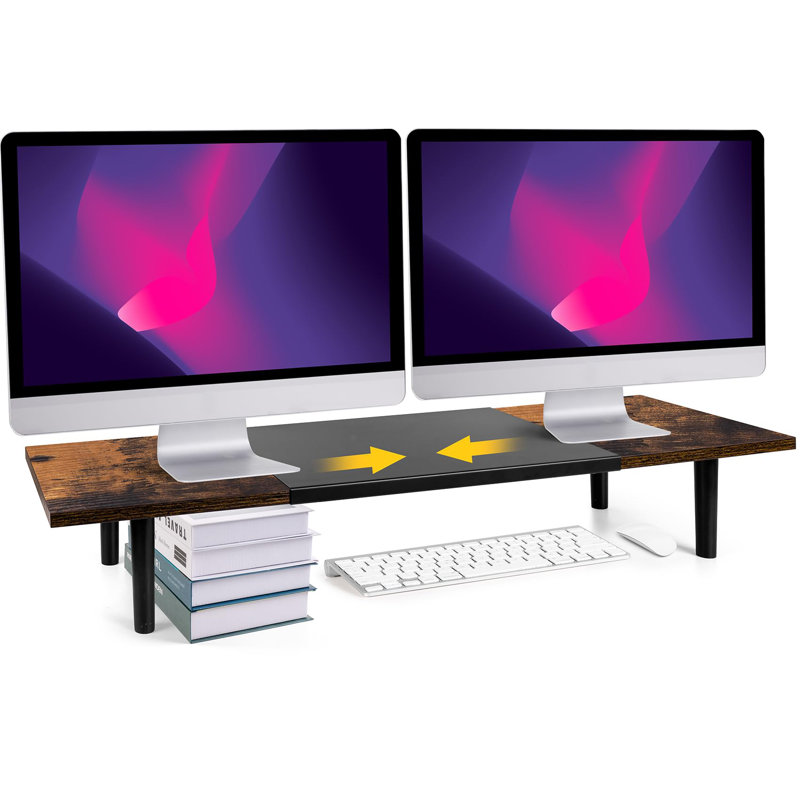 Dual-Monitor-Stand-Riser-For-Desk Adjustable Length 32-40 Inch, Large Desktop Computer Monitor Riser For 2 Screens, Desk Shelf Organizer Riser Stand For Computer/Laptop/PC/Printer/TV Brown