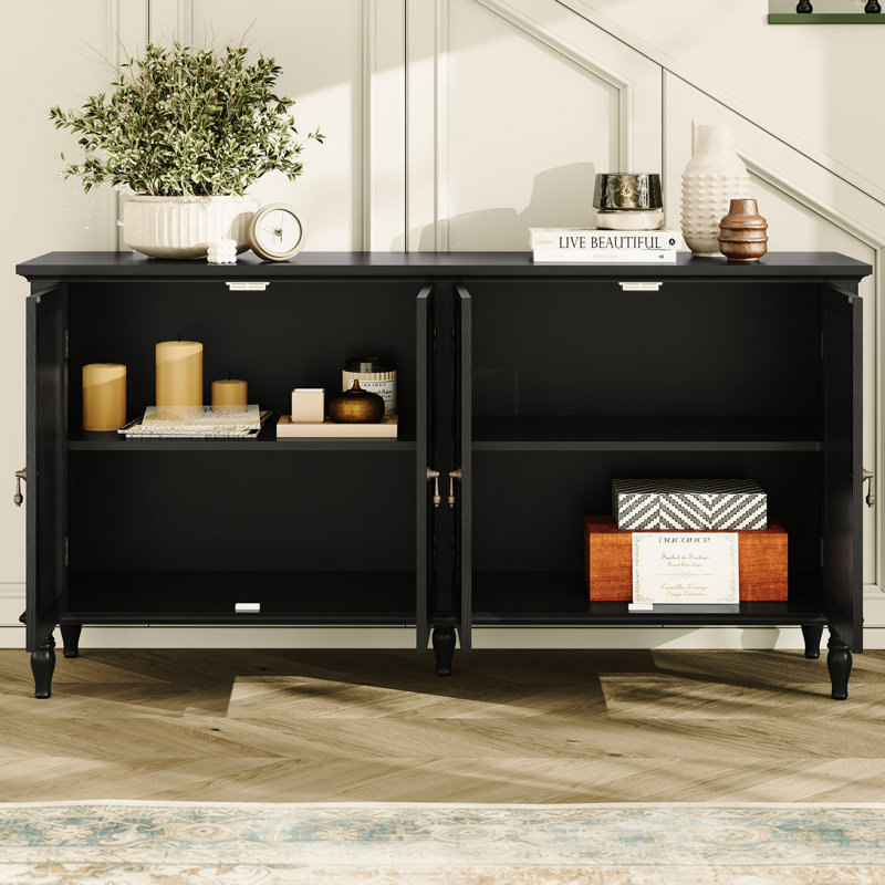 Buffet 58 "vintage avec tablettes réglables et 4 portes, buffet avec placage en bois massif, Noir