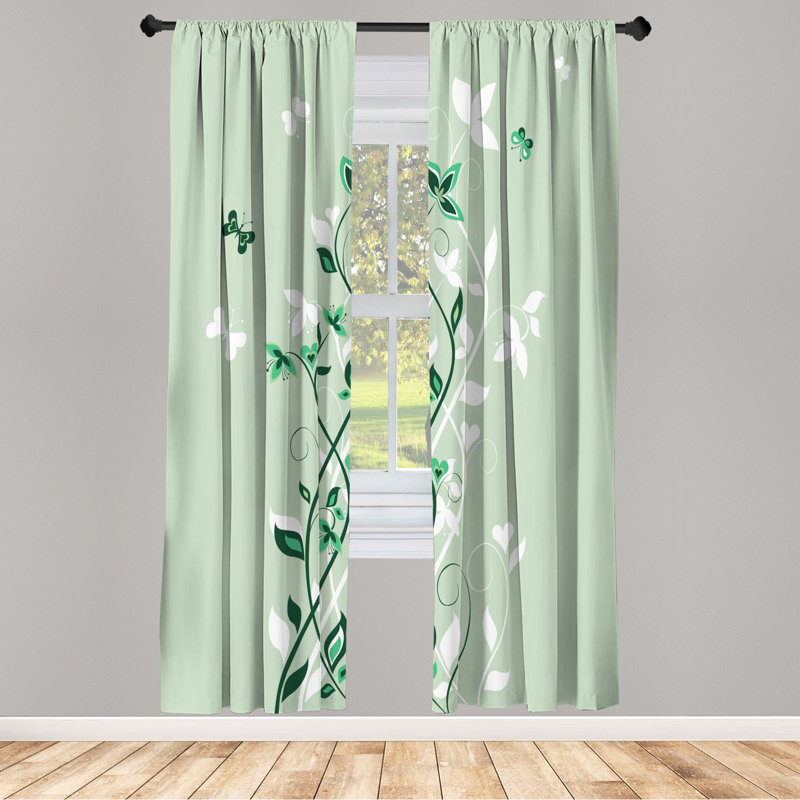Microfiber Floral Semi-Sheer Rod Pocket Curtain Panels, 28" W x 95" L, White/Green