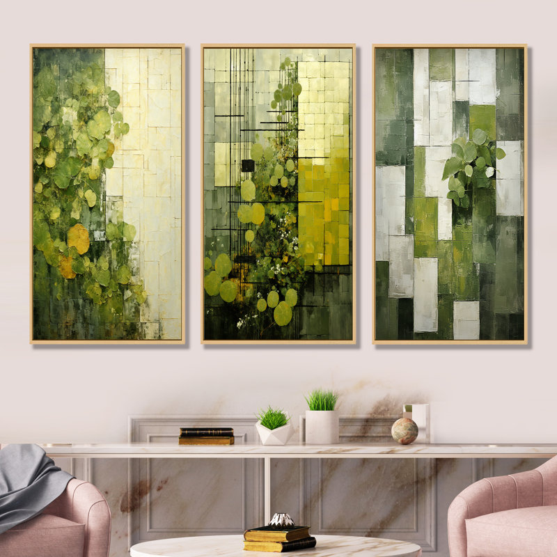 Ensemble de 3 reproductions d'art sur toile Green Eco amical Symphony I - Abstract Botanicals, Cadre flottant brun