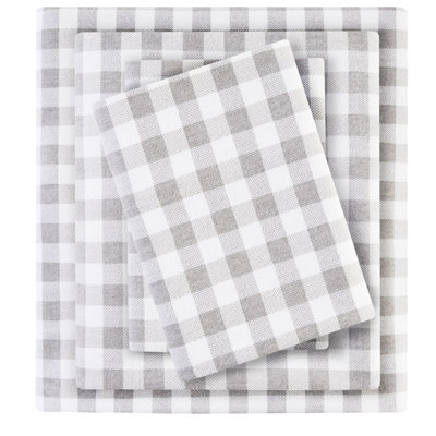 Ensemble de draps 4 pièces avec motif à chevrons gris, flanelle 100% coton, doux et confortable, drap plat, 2 taies d'oreiller ajustées, flanelle à motif à carreaux, doux