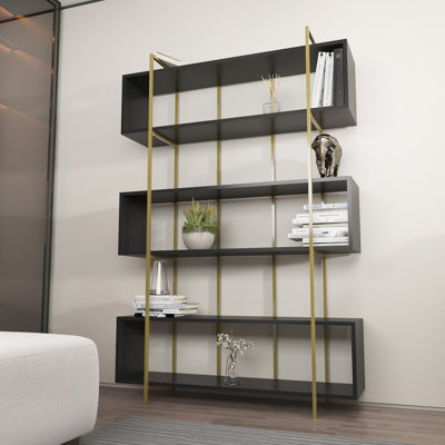 Modern Anthracite & Gold Bookshelf, 47.2 x 70.9 x 11.6 inches | 100% Melamine Coated Particle Board, Thickness: 0.7 inches | Stylish Storage Solution for Home or Office, Elegant Design with Glam Touch