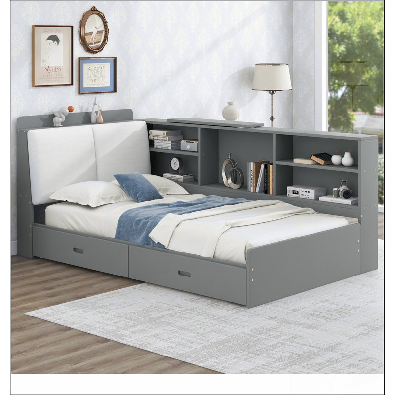 Lit plateforme en bois avec tête de lit, tablettes et 2 tiroirs, Gris antique