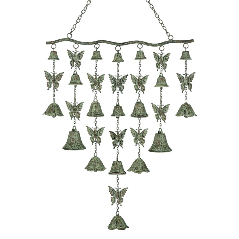 Large Verdigris Butterfly Wind Chimes with Wrought Iron Bell
