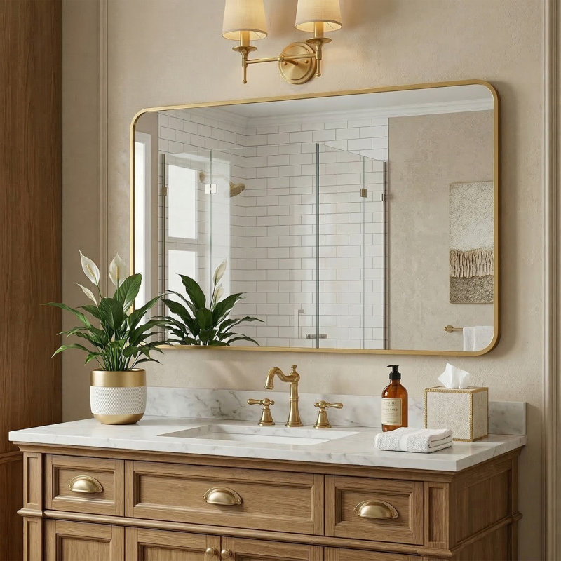 Metal Framed Tempered Glass Rectangular Wall Mirror, Champagne Gold, Rounded Corner, 48" x 30"