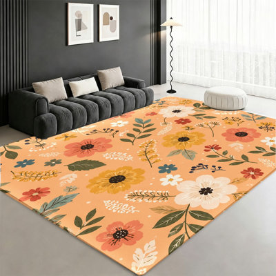 Tapis à imprimé floral, motif de fleurs blanc orange, surface en velours, tapis antidérapant, décoration intérieure élégante pour le salon, la chambre à coucher, le vestibule, la porte d'entrée, la cuisine, le balcon, appartement