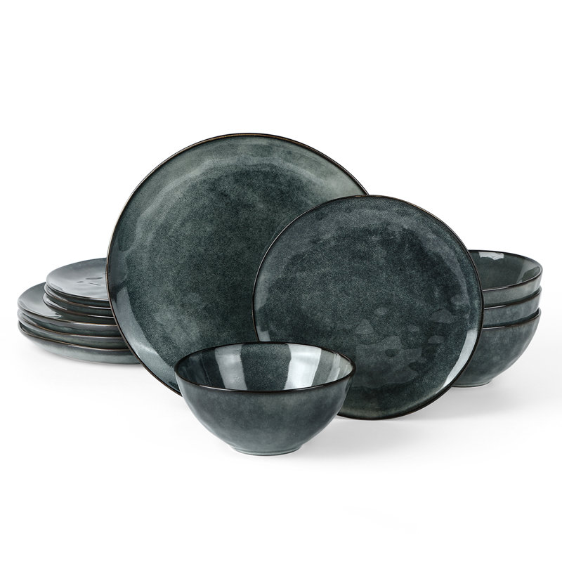 12 Piece Stoneware Dinnerware Set - Service for 4, Deep Forest