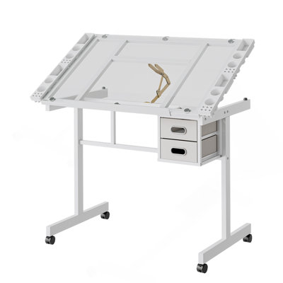 Adjustable Art Drawing Desk Craft Station Drafting   With 2  Fabric  Drawers And 4 Wheels (White)