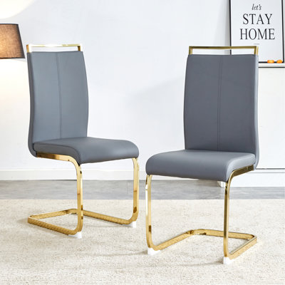Chaises de salle à manger modernes, chaise d'appoint rembourrée en similicuir à haut dossier en polyuréthane avec pieds en tube d'or en forme de C pour la salle à manger et la cuisine (ensemble de 2)