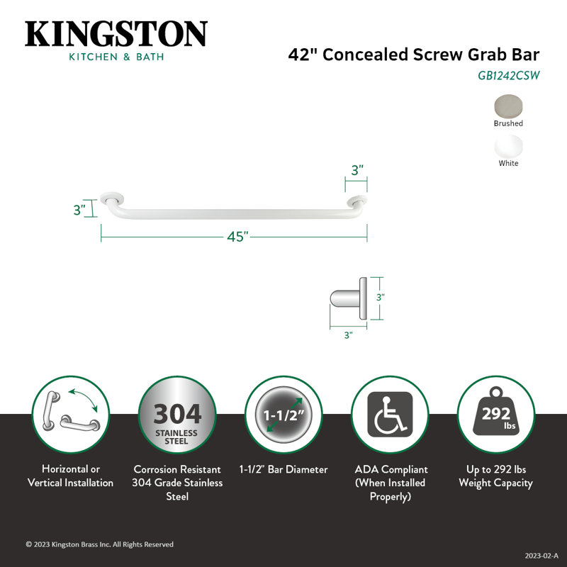 Kingston Brass Made To Match 1-1/2 Inch O.D Grab Bar, 42" W, White