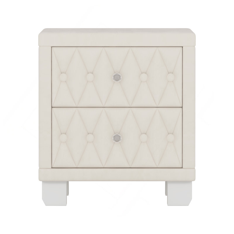 Elegant Velvet Nightstand With 2 Drawers And Crystal Handle, Storage Bedside Table With Button-Tufted, Beige, Beige