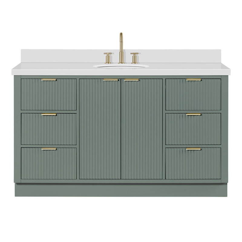 Meuble-lavabo simple en bois massif avec plateau en quartz 1,5 po Haun, Ovale, 61", Vert rétro