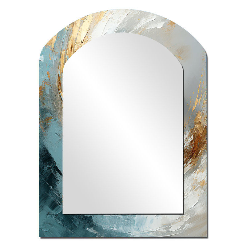 Gold and grey paint spiral whispers II - Abstract Spirals Asymmetrical Large Wall Mirror, Modern Arch Unique Mirror, Printed Metal Art