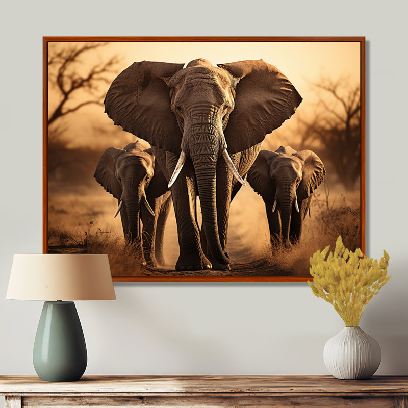 «Elephant Shadows Of Serenity I», art sur toile éléphant, H 16 po x l 32 po x P 1 po, Cadre flottant brun