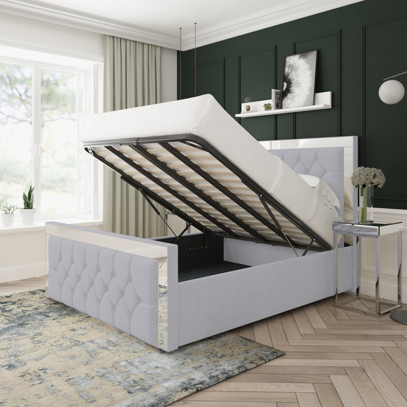 Sage Plush Velvet Upholstered Ottoman Bed Frame, Kingsize (5'), Silver