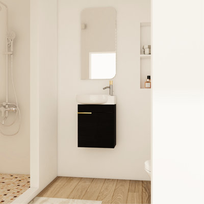 Meuble-lavabo compact de 16 po - Châtaignier noir pour petites salles de bain avec lavabo en céramique à base de contreplaqué
