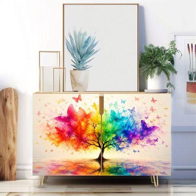 Buffet étroit de 35,4 po de largeur - armoire de rangement d'appoint à 2 portes avec imprimé de reflets d'eau colorés de papillons arc-en-ciel et pieds en métal