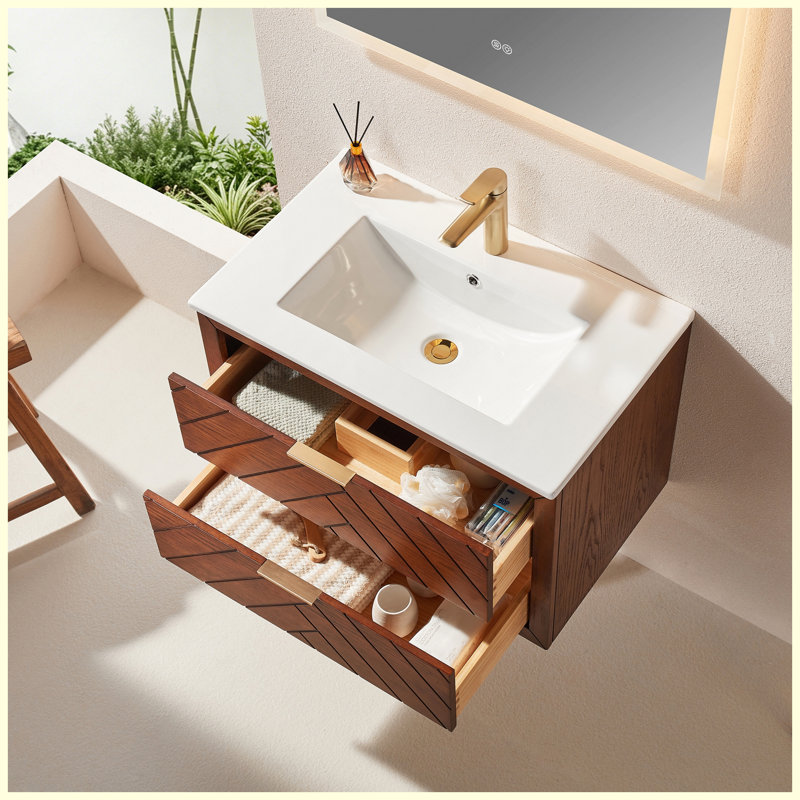 Meuble-lavabo mural simple flottant 30 po, pré-assemblé avec comptoir en céramique 1 trou