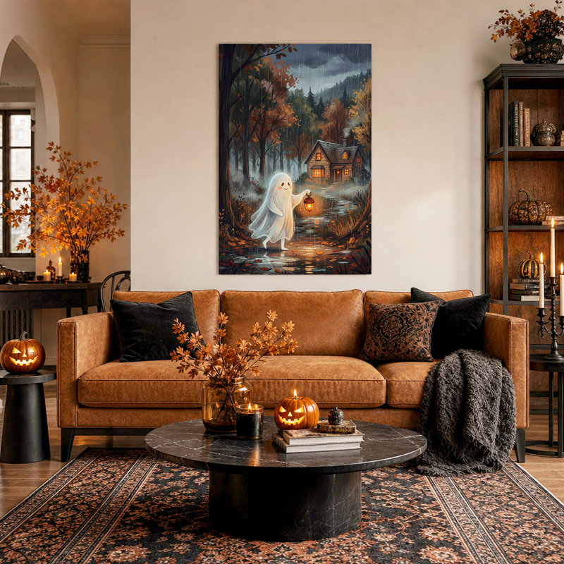 «Ghost Carrying Lantern to House in Rainy Forest», art mural sur toile, 40"H x 28"W