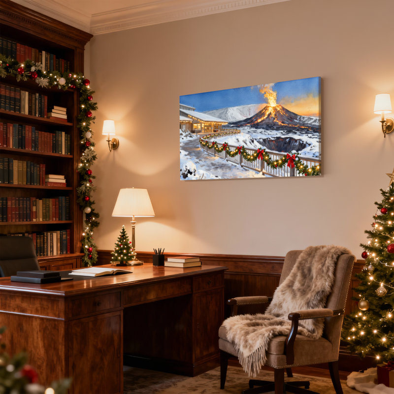 Paysage de Noël enneigé avec volcan et décorations de Noël, ensemble de 3 impressions sur toile, H 16 po x l 24 po