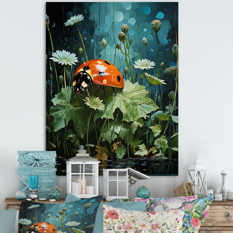 Coccinelle fleurissant jardin émeraude sur toile, H 32 po x l 16 po x P 1 po, Toile tendue