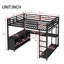 Grand lit mezzanine en métal robuste avec bureau en L, garde-robe, cubes de rangement et tablettes