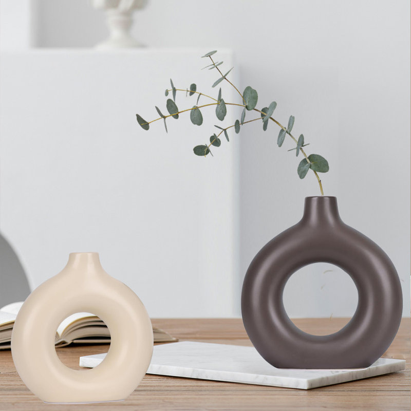 Vase à fleurs, vase à fleurs, vase en céramique pour la décoration intérieure, ensemble de 2, Brun/crème