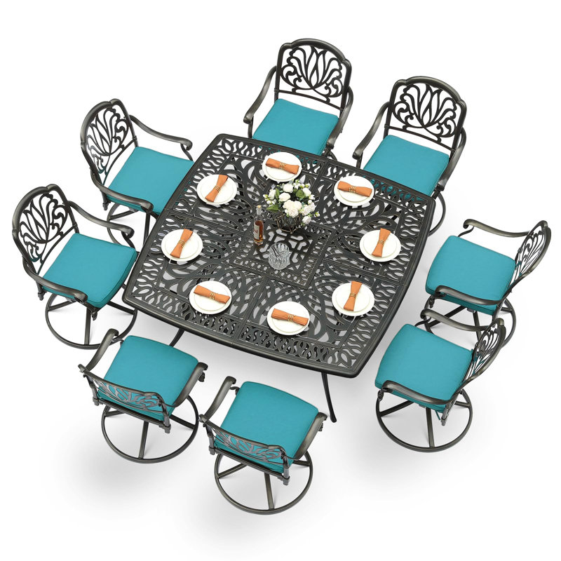 Canora Grey 9-Piece Outdoor Patio Dining Set For 8, All Weather Cast Aluminum Patio Funiture Table And Chairs Set- Large 64" Square Table And 8 Cushioned Swivel Rocker Chairs, Umbrella Hole