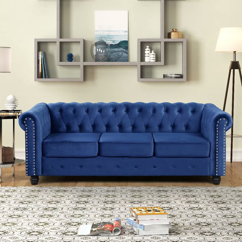 Adolina 80" Rolled Arm Chesterfield Sofa, Light Blue Velvet