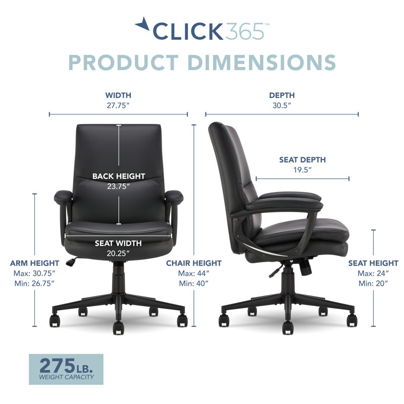 Click365 Classic Comfort Executive Office Chair, Ergonomic Mid-Back, Double-Layer Seat Cushion, Polyurethane, Black