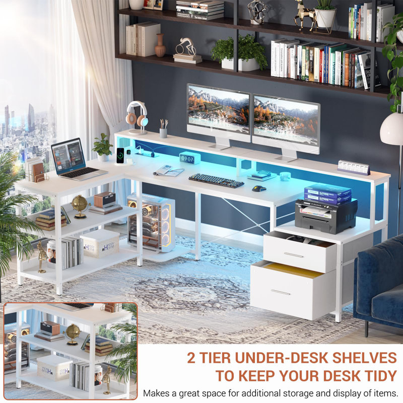 Bureau d'ordinateur en forme de L avec tiroirs et tablette pour moniteur, bureau de jeu avec lumières DEL RVB et ports USB Jointure