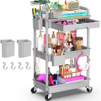 3-Tier Rolling Utility Cart With Removable Drawer, 360° Swivel & Lockable Wheels, Heavy-Duty Storage Organizer For Bathroom, Kitchen, Craft, Makeup, Baby Essentials