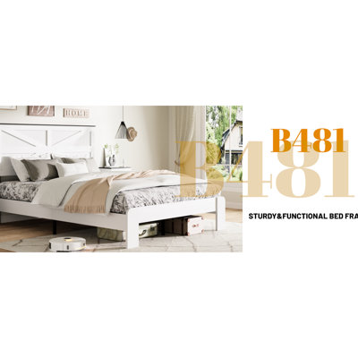 Cadre de lit double en métal blanc et bois, silencieux, sans sommier, montage rapide, grand espace de rangement en dessous, tête de lit en forme de M pour une chambre à coucher avec les besoins, grande tête de lit facile à monter.