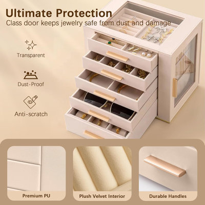 Jewelry Boxes with Glass Lid, 5-Layer Large PU Leather
