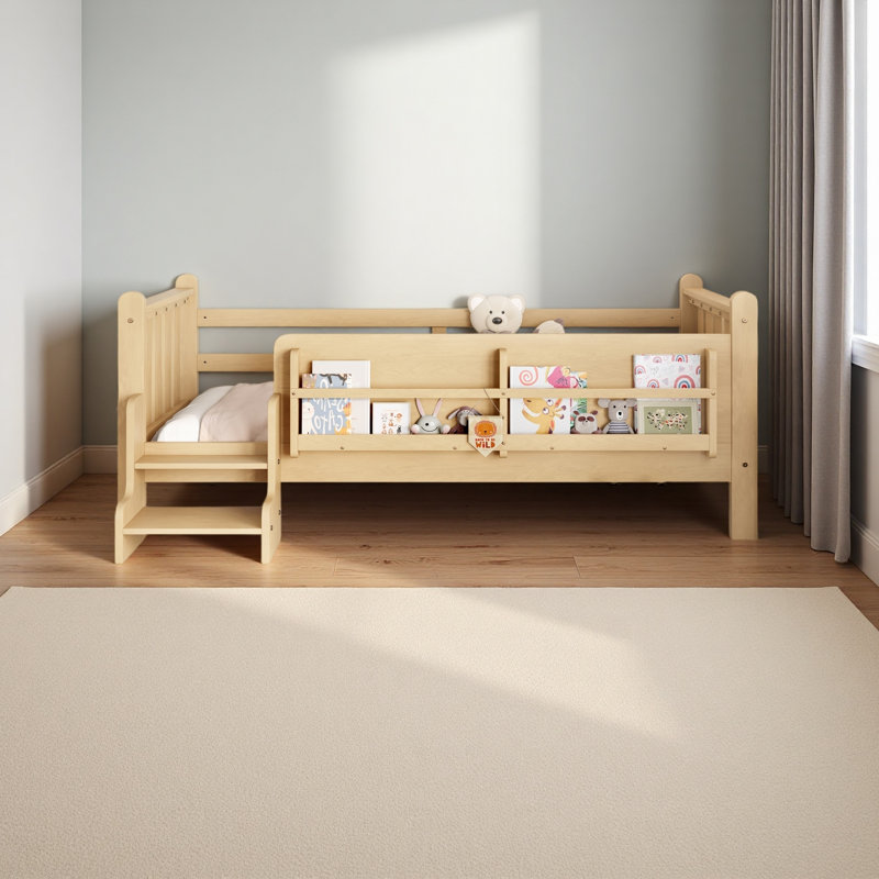 Lit pour enfants en bois massif avec de jolis escaliers et garde-corps, aucun sommier nécessaire, Lit simple, Clair naturel