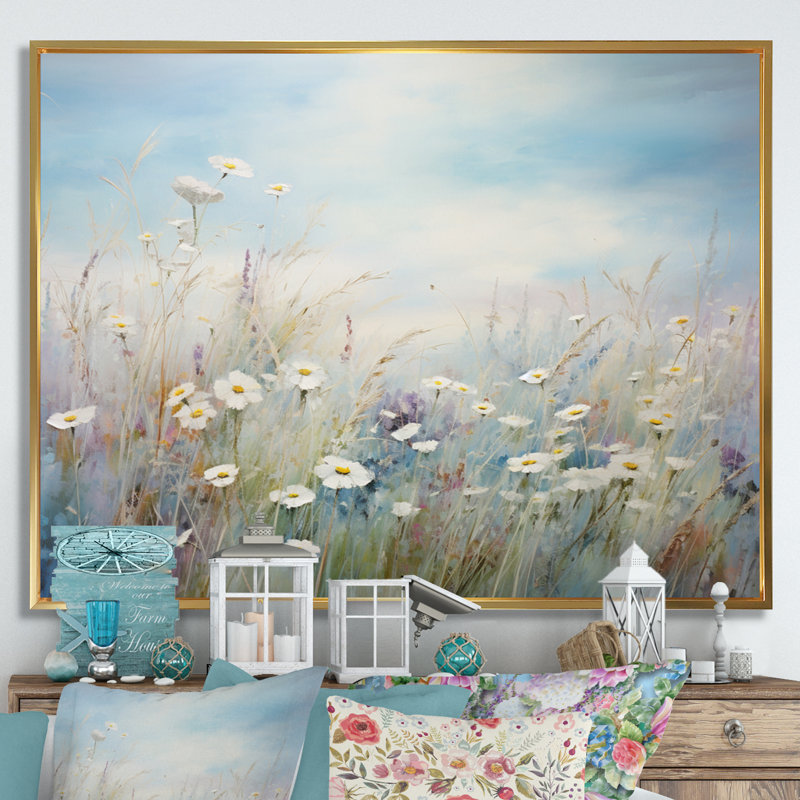 «White Wildflowers Whispering Breeze I», reproduction sur toile, H 30 po x l 40 po x P 1,5 po, Cadre flottant doré
