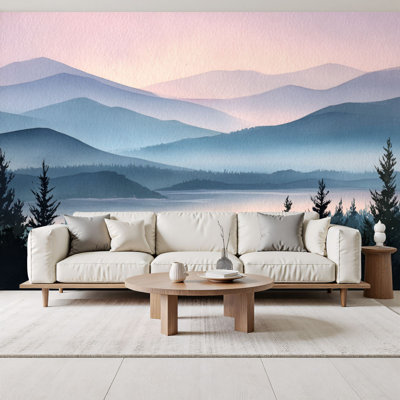 Watercolor Forest Peel and Stick Wallpaper Tranquil Misty Mountain Watercolor Landscape Wall Murals 69"H x 96"W Removable PVC Wall Paper Self-Adhesive Wall Decor for Bedroom Living Room Home Office