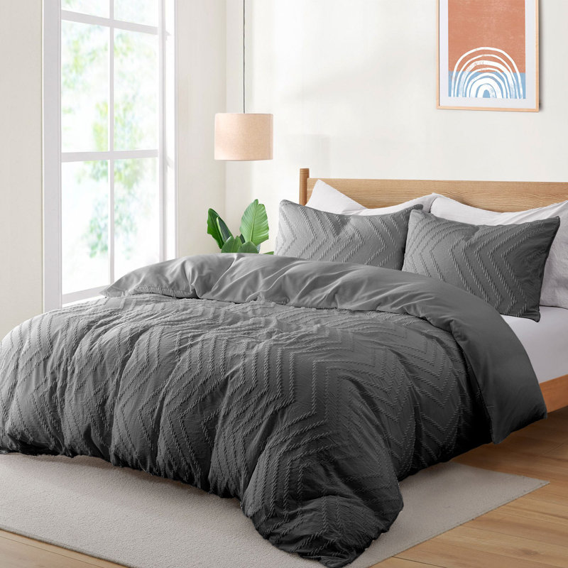 Dark Gray Microfiber Full/Queen Duvet Cover Set with Wave Pattern