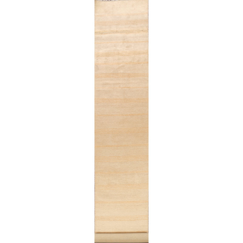 Tapis de couloir beige en laine noué à la main de conception unique 2 pi 4 po x 16 pi 2 po New Age