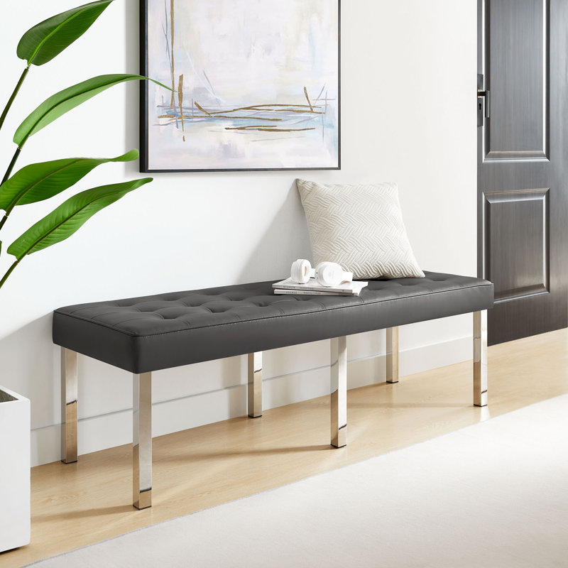 Silver Gray Tufted Faux Leather Bench with Stainless Steel Legs