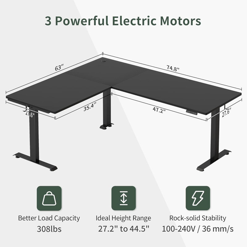 Table de bureau électrique à hauteur réglable en L électrique, Noir, noir, noir, noir