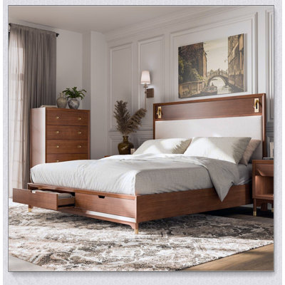 Mid-Century Modern 1Pc Bed W Storage Drawers Walnut Solid Wood Upholstered HB Reading Light Bedroom Furniture