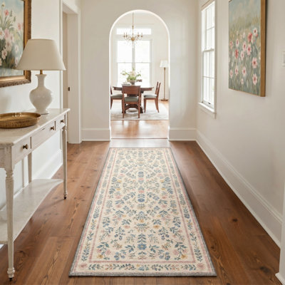 Machine Washable Floral Ivory / Blue Runner With Non-Slip Backing