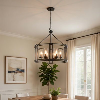 Lustre 6 lumières, cage ronde ovale, abat-jour en verre, métal noir 24 po